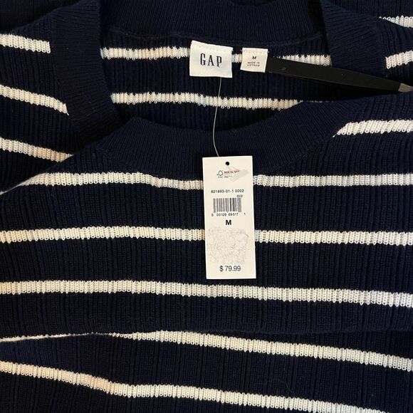 GAP MEDIUM Sweater Midi Dress Long Sleeve Pullover Navy White Striped Rib-knit - Picture 7 of 11